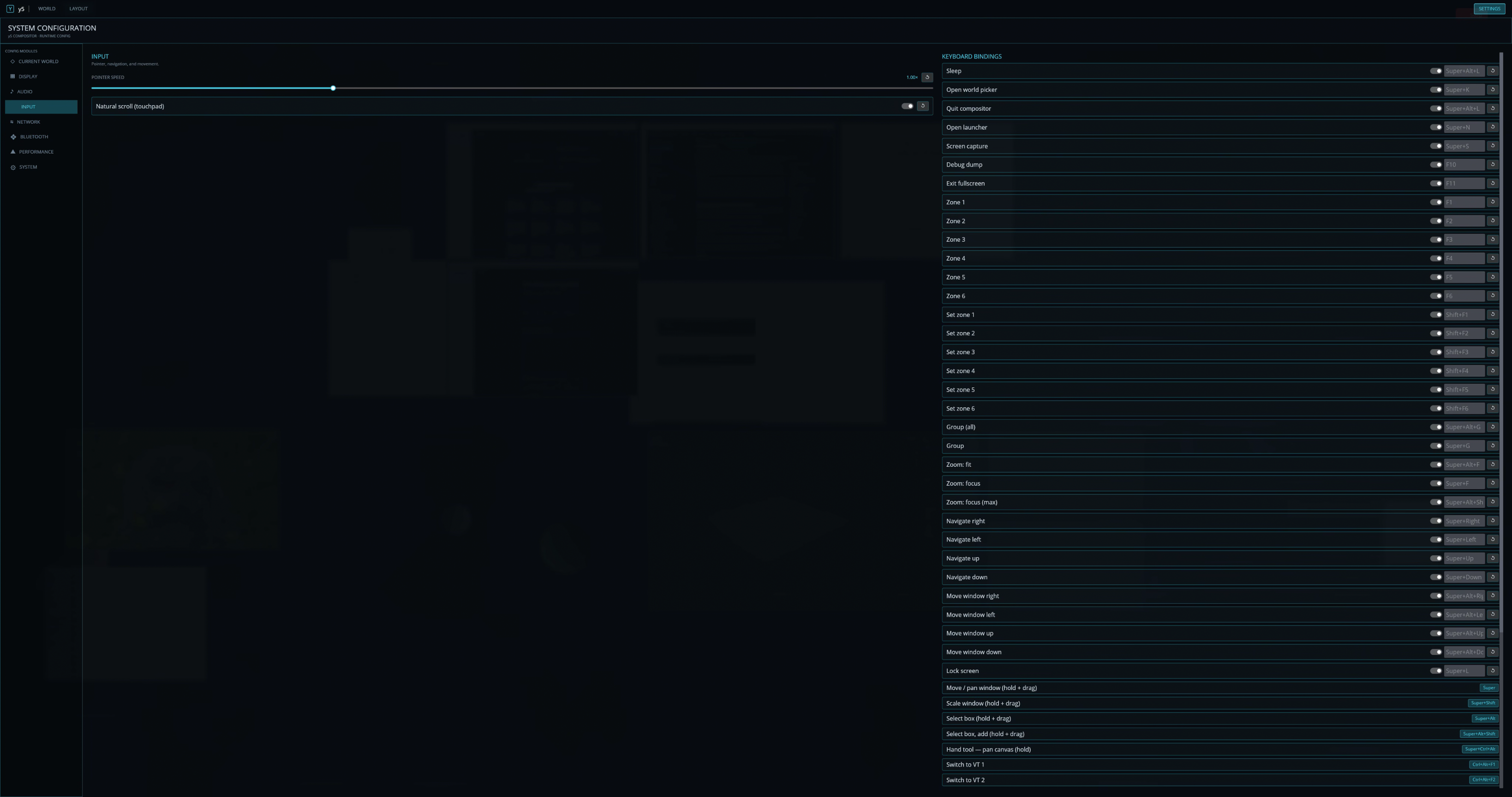 The Nourish system configuration overview panel: config modules on the left, input settings in the middle, and the full list of keyboard bindings on the right.